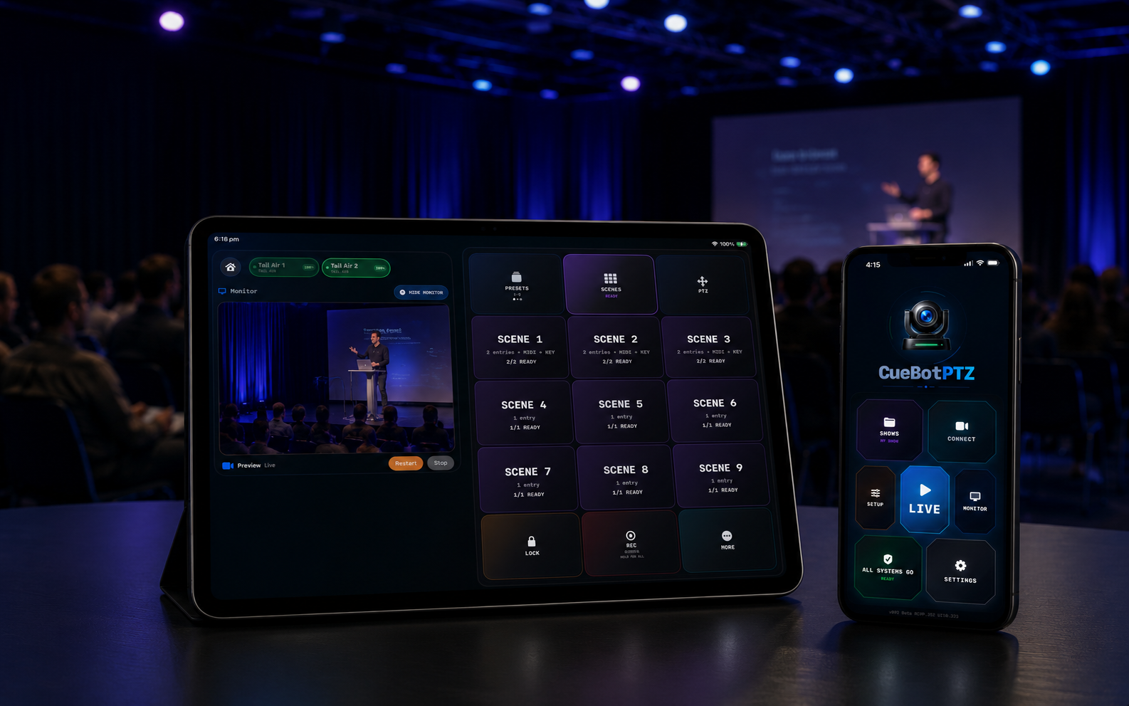 CueBot PTZ running on an iPad and iPhone in a live multi-camera production environment.