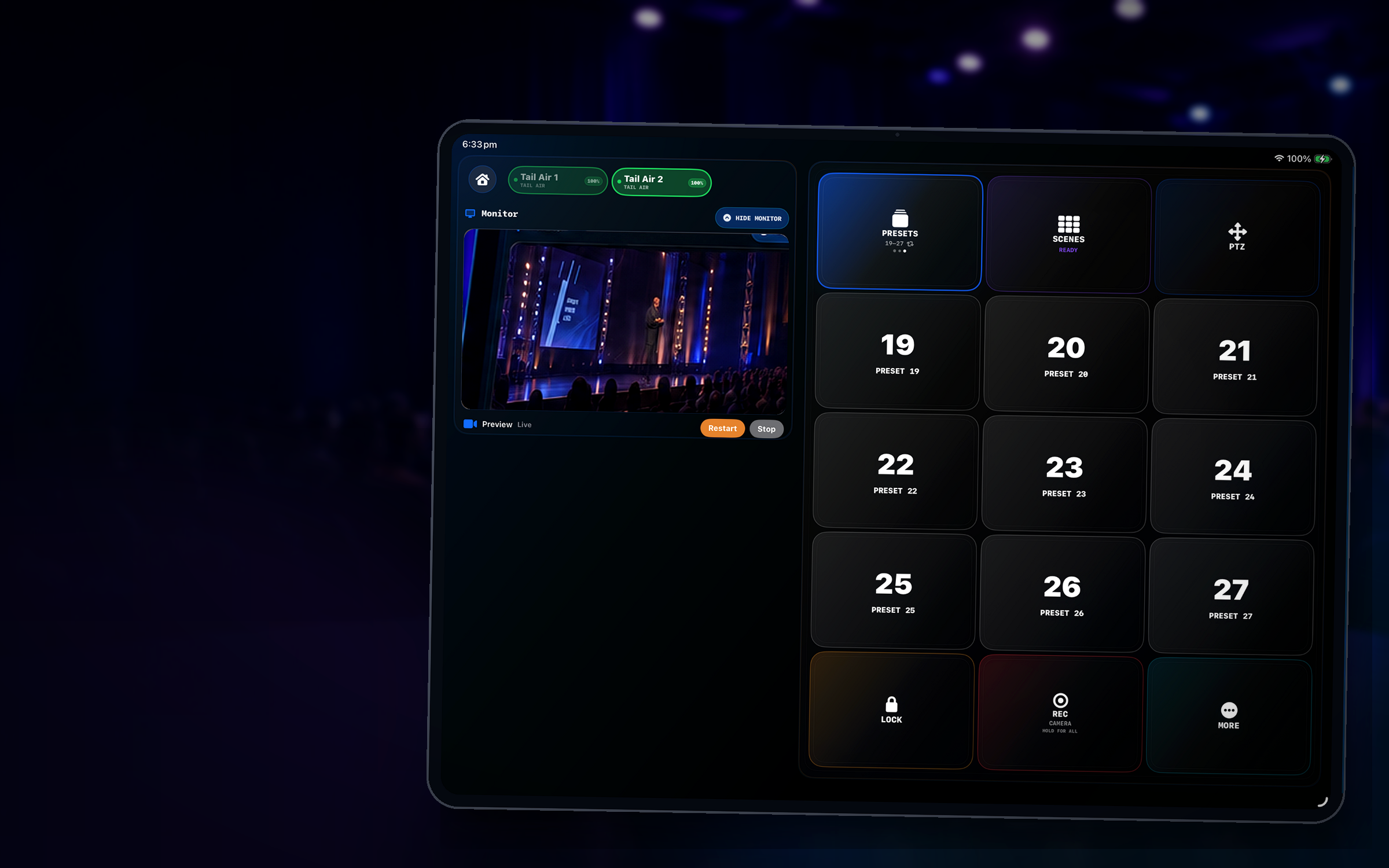 CueBot PTZ preset bank showing saved camera angles 19 through 27 on an iPad.